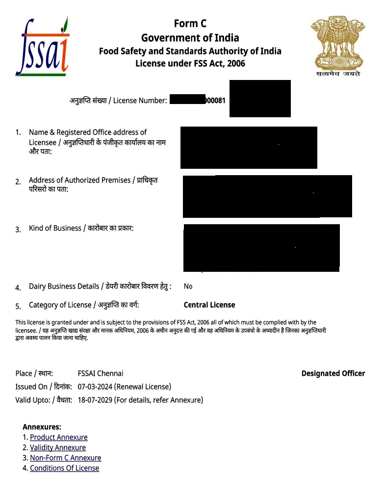 FSSAI Registration Certificate Sample